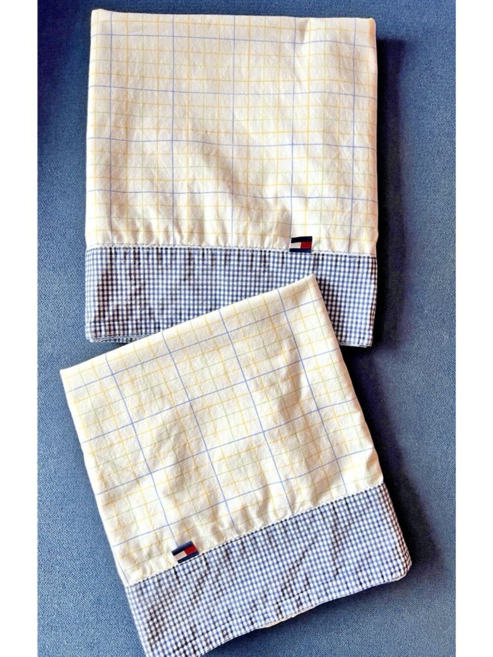 Tommy Hilfiger KING Size Pillowcase Pair Check Blue Yellow Gingham 100% Cotton